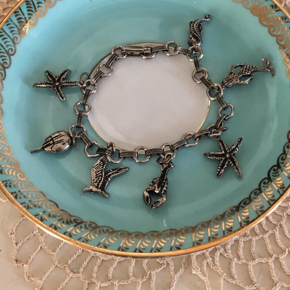 Vintage Silver & Turquoise Beach Charm Bracelet - Picture 9 of 13
